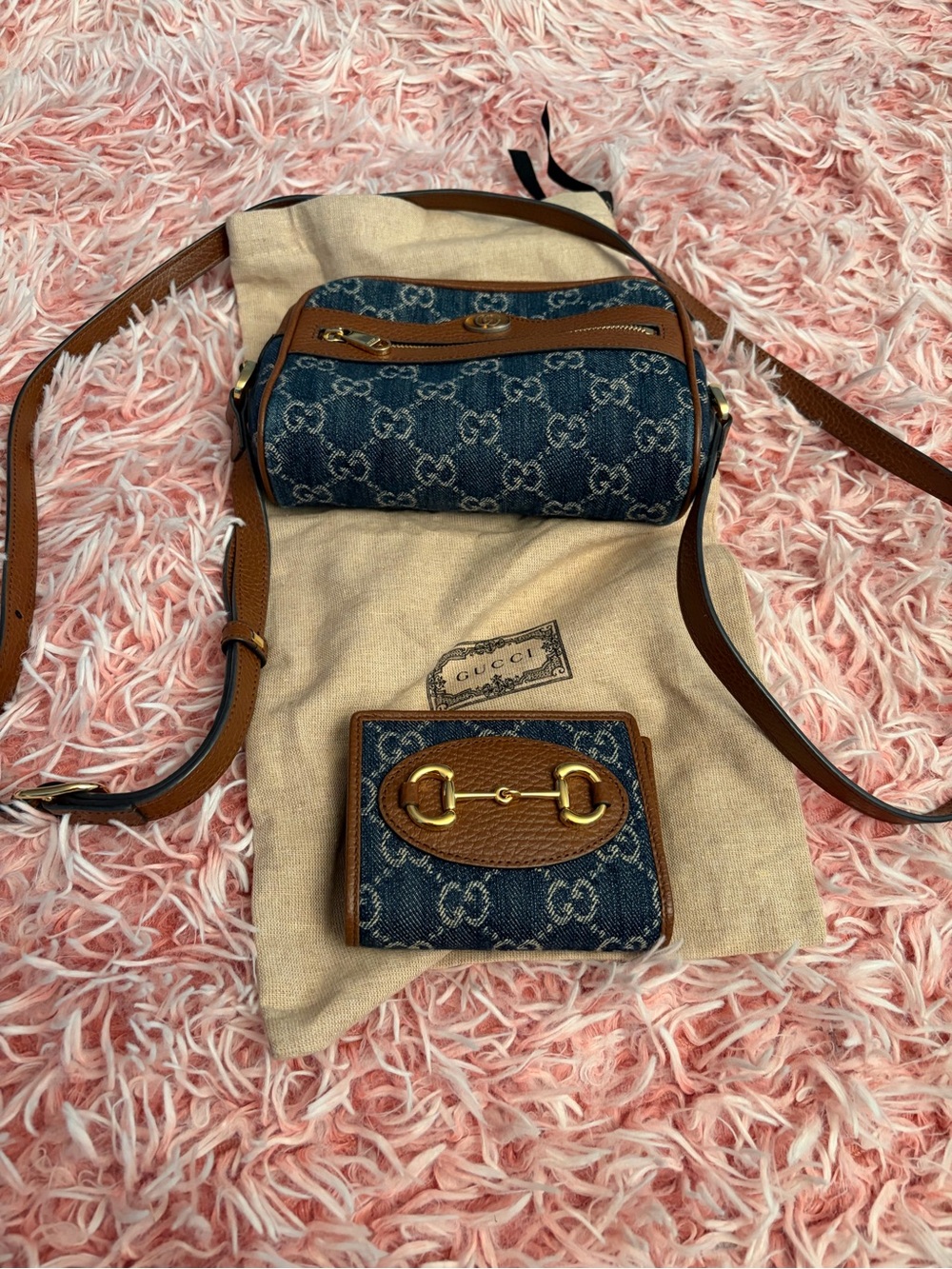 Gucci Blue Denim and Brown Leather Crossbody Bag with Matching Wallet